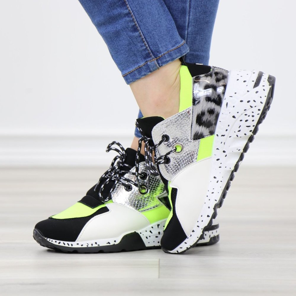 White Neon Animal Print Fashion Comfort Wedge Heel Sneakers Shoes - Picture 9 of 14